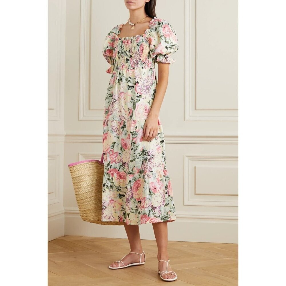 Faithfull the Brand floral linen midi smocked dress
